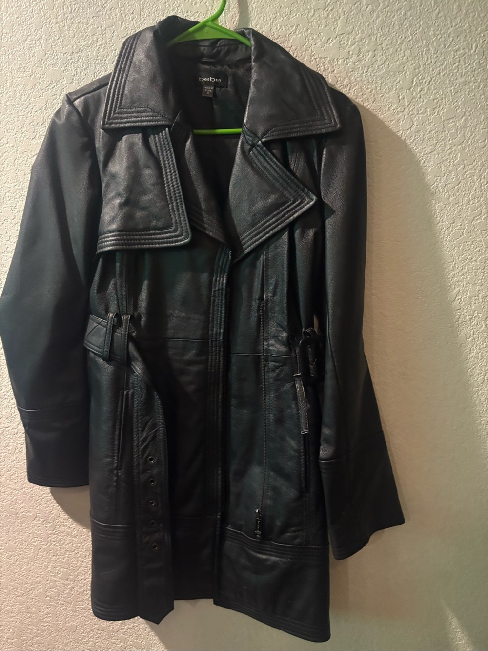 bebe Black Leather Trench Coat with Belted Waist